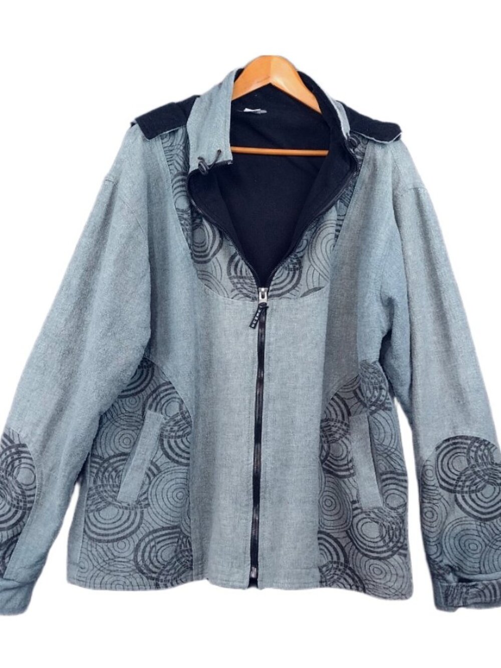 Venus Imports Boho Fleece Lined Jacket Large Green Art Print Full Zip Cotton